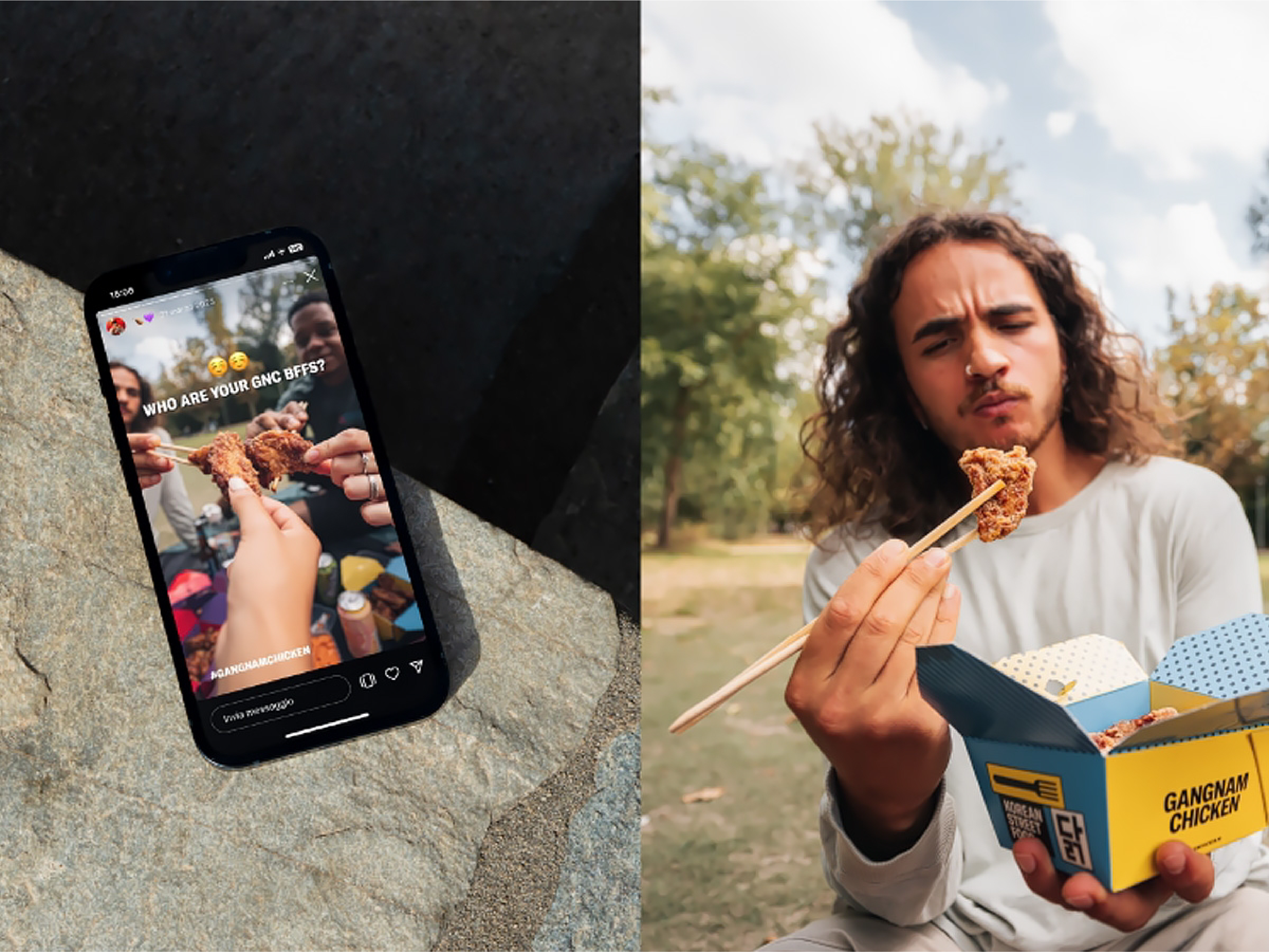 Een telefoon en een man die kip eet