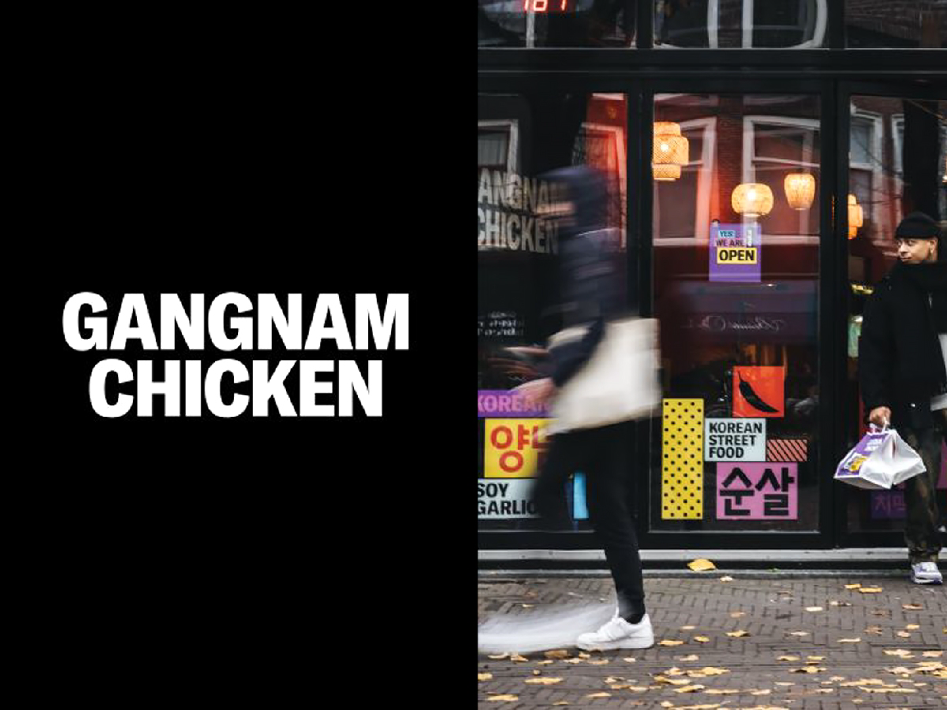 Het Gangnam Chicken logo en de voorkant van een restaurant