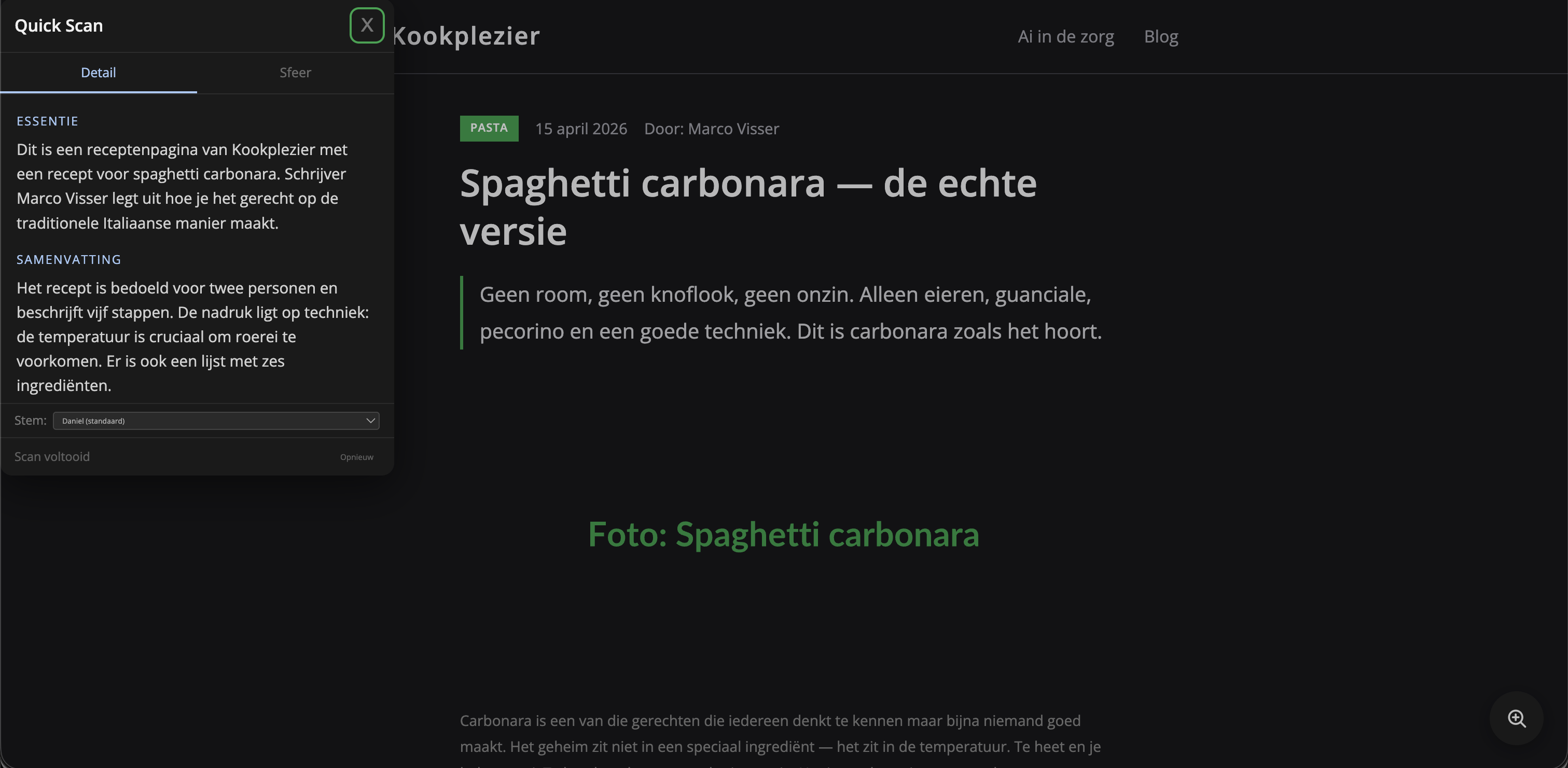 De kookpagina met het prototype