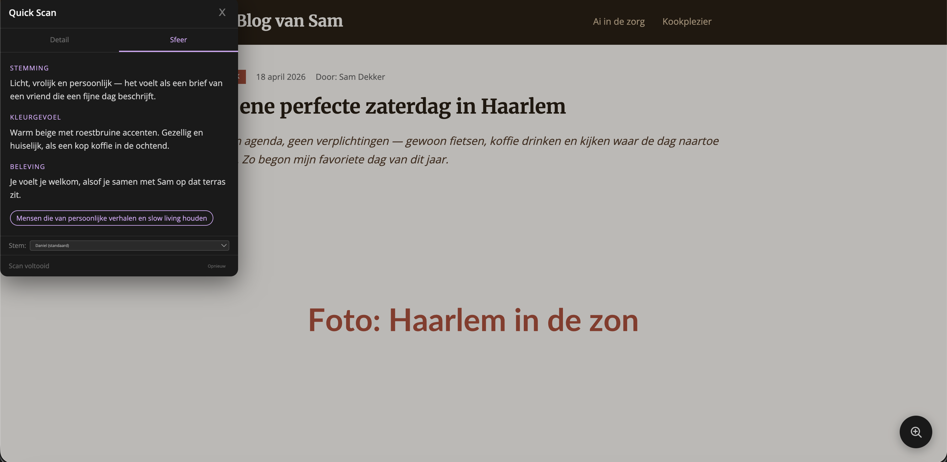 De blogpagina met het prototype